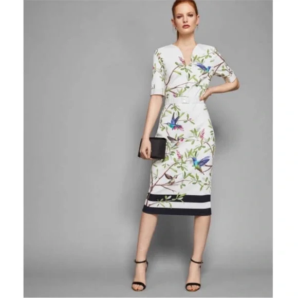 Ted Baker Evrely midi dress It’s Spring! Hummingbirds! Midi Dress Sz 4 = USA 10 - Picture 5 of 14